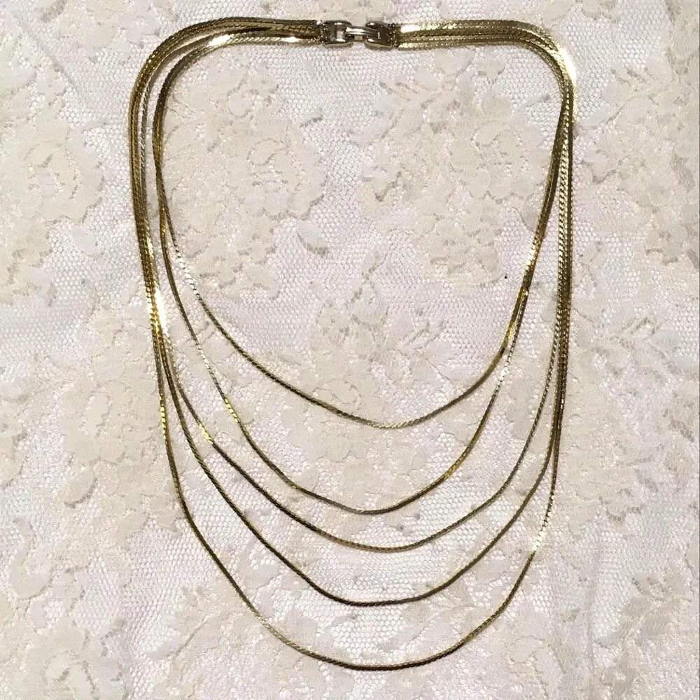 Vintage Multi-Chain Layer Necklace Gold Clasp 5 Strands Minimalist Everyday